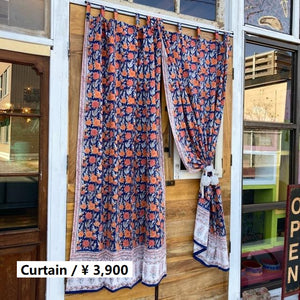 インド　ブロックプリントフラワーカーテン　TYPE:M　105×178cm　ブルー　間仕切り　暖簾