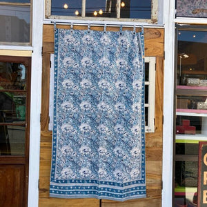 インド　ブロックプリントフラワーカーテン　TYPE:J　105×178cm　ブルーグレー　間仕切り　暖簾