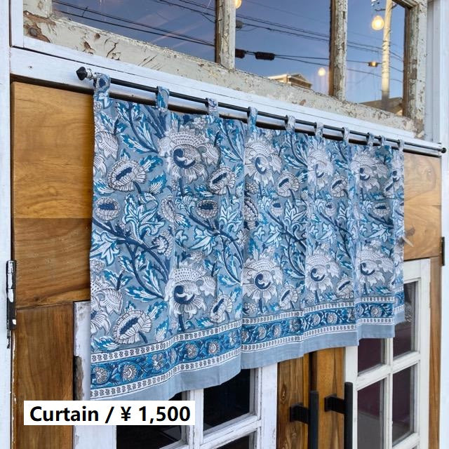 インド　ブロックプリントフラワーカフェカーテン　TYPE:B　100×45cm　ブルーグレー　暖簾　木版プリント