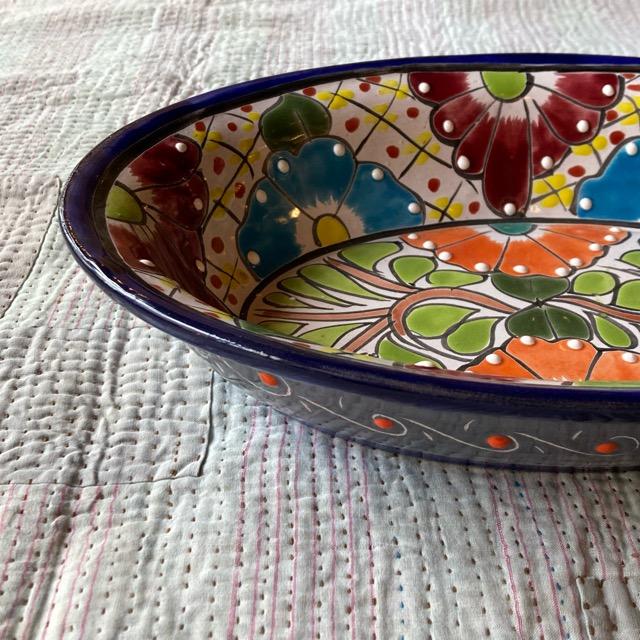 メキシコ　グアナファト焼　楕円深皿　ネイビー　大皿　カレー皿　ボウル　サラダボウル　メキシコ料理　