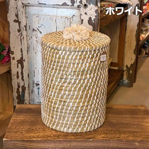 バングラディッシュ　カイザ草のふたつきナチュラルラウンドバスケット　ロング　全２色　 マルチ　ホワイト　People Tree　フェアトレード　エコシカル　カゴ