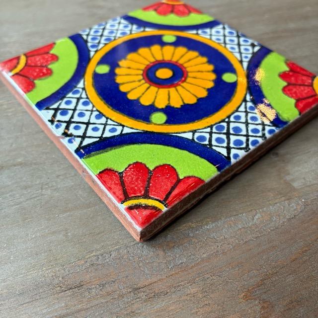 メキシコ　タラベラタイル　彩華　ネイビー　グリーン　コースター　鍋敷き　DIY　柄タイル　室内壁　室外壁　デザインタイル　レトロ　アートタイル