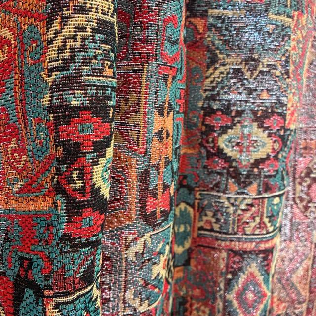 TOPANGA Fabric　ジャガードキリムフリンジカーテン　150×180cm　エスニック　トライバル　遮光　厚手　レッド　ゴブラン織　カーテンポール　ボヘミアン