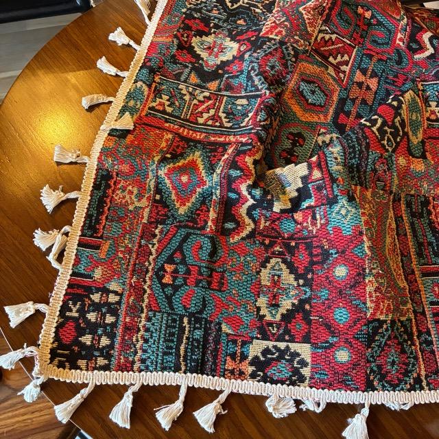 TOPANGA Fabric　ジャガードキリムフリンジカーテン　150×180cm　エスニック　トライバル　遮光　厚手　レッド　ゴブラン織　カーテンポール　ボヘミアン
