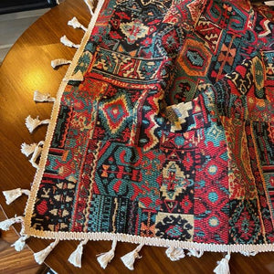 TOPANGA Fabric　ジャガードキリムフリンジカーテン　150×180cm　エスニック　トライバル　遮光　厚手　レッド　ゴブラン織　カーテンポール　ボヘミアン