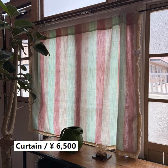 TOPANGA Homefurnishing　ボヘミアンストライプフリンジカーテン　140×100cm　ピンク　グリーン　ナチュラル　カーテンポール　腰高窓　出窓　