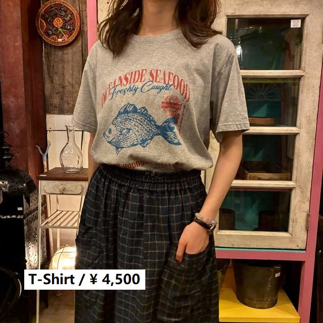 TOPANGA Lady's　グラフィックTシャツ　OCEANSIDE SEAFOOD　 ライトグレー　サカナ　フィッシュ　カットソー　S　M　L　メンズ　レディース　ユニセックス