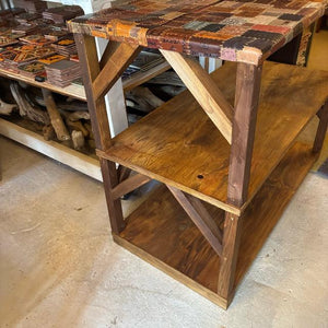 TOPANGA Furniture Old Wood & Leather Patchwork 3-Tier Shelf [In-Store Pickup Only]