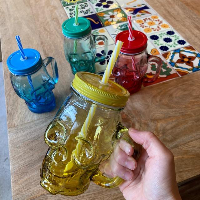 TOPANGA Kitchen　フタつきスカルグラデーショングラスマグ　全4色　レッド　イエロー　ブルー　グリーン　ストロー　スムージー　ジュースグラス　ドクロ　