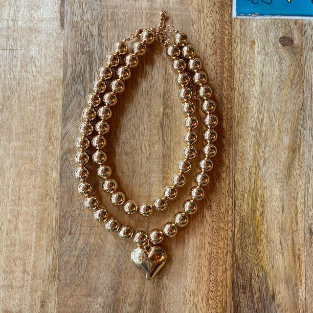 TOPANGA Jewelry　チャビーハート＆ボール2連ネックレス　ゴールド　カジュアル　ショートネックレス　チャーム　ペンダント　チョーカー　ボールチェーン