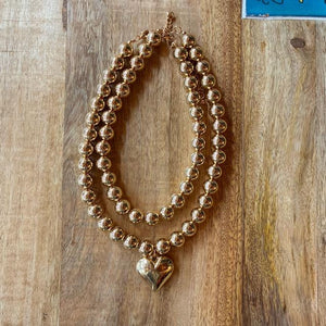 TOPANGA Jewelry　チャビーハート＆ボール2連ネックレス　ゴールド　カジュアル　ショートネックレス　チャーム　ペンダント　チョーカー　ボールチェーン