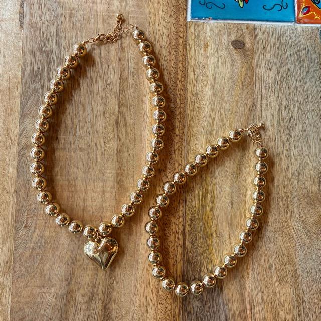 TOPANGA Jewelry　チャビーハート＆ボール2連ネックレス　ゴールド　カジュアル　ショートネックレス　チャーム　ペンダント　チョーカー　ボールチェーン