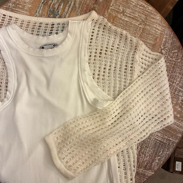 TOPANGA Lady's　グリッドルーズニットプルオーバー　ホワイト　セーター　タンクトップ　サマーニット　シースルーニット　重ね着　トップス　メッシュニット