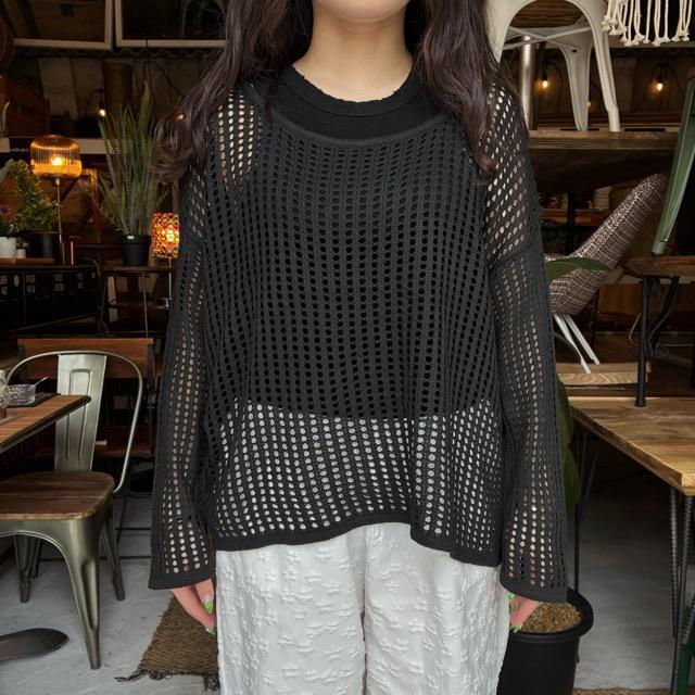 TOPANGA Lady's　グリッドルーズニットプルオーバー　ブラック　セーター　タンクトップ　サマーニット　シースルーニット　重ね着　トップス　メッシュニット