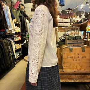 Topanga Lady's　ロマンチックエンブロイダリーレースブラウス　ホワイト　長袖　ギャザーネック　ボヘミアン　インナー　重ね着　Mサイズ　Lサイズ