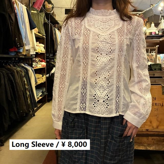 Topanga Lady's　ロマンチックエンブロイダリーレースブラウス　ホワイト　長袖　ギャザーネック　ボヘミアン　インナー　重ね着　Mサイズ　Lサイズ