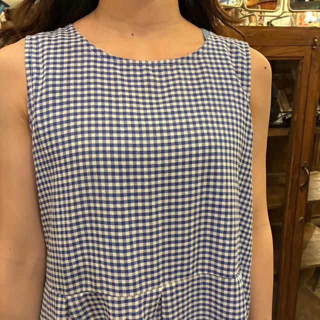 Topanga Lady's　エアリーコットンギンガムチェックワンピース　ブルー　ナチュラル　ノースリーブ　ロング　Aライン　コットン　サイドボタン　ギャザー