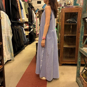 Topanga Lady's　エアリーコットンギンガムチェックワンピース　ブルー　ナチュラル　ノースリーブ　ロング　Aライン　コットン　サイドボタン　ギャザー