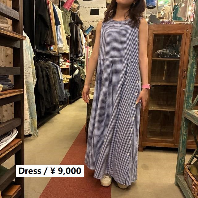 Topanga Lady's　エアリーコットンギンガムチェックワンピース　ブルー　ナチュラル　ノースリーブ　ロング　Aライン　コットン　サイドボタン　ギャザー