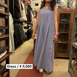 Topanga Lady's　エアリーコットンギンガムチェックワンピース　ブルー　ナチュラル　ノースリーブ　ロング　Aライン　コットン　サイドボタン　ギャザー