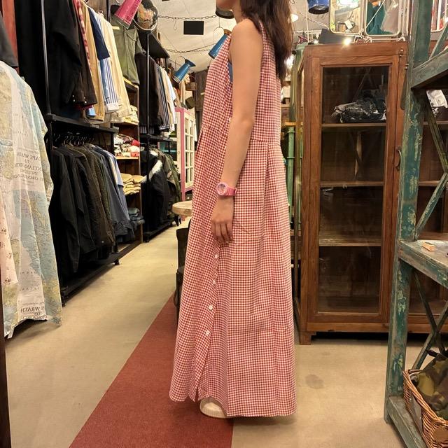 Topanga Lady's　エアリーコットンギンガムチェックワンピース　レッド　ナチュラル　ノースリーブ　ロング　Aライン　コットン　サイドボタン　ギャザー