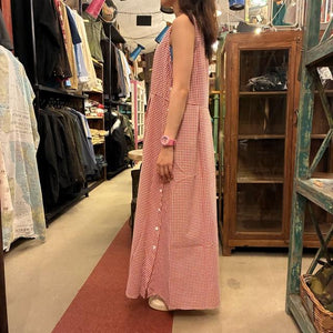 Topanga Lady's　エアリーコットンギンガムチェックワンピース　レッド　ナチュラル　ノースリーブ　ロング　Aライン　コットン　サイドボタン　ギャザー