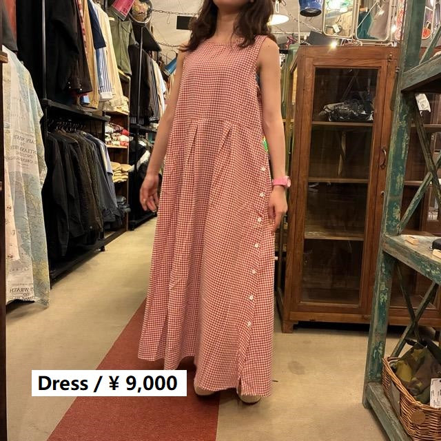 Topanga Lady's　エアリーコットンギンガムチェックワンピース　レッド　ナチュラル　ノースリーブ　ロング　Aライン　コットン　サイドボタン　ギャザー