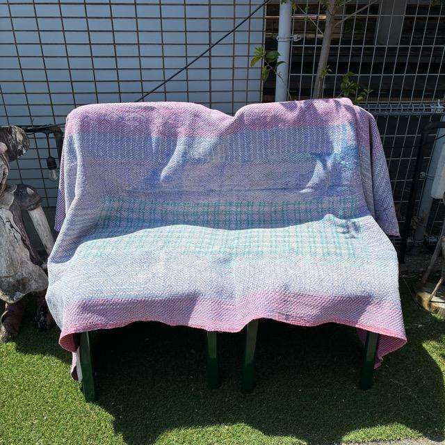 インド　ヴィンテージラホールキルト 38000-6　120×190cm　カンタ　ベッドカバー　ソファカバー　マルチカバー　ハンドメイド　１点もの　ピンク　ホワイト