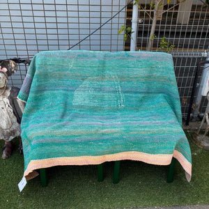 インド　ヴィンテージラホールキルト 40000-5　120×170cm　カンタ　ベッドカバー　ソファカバー　マルチカバー　ハンドメイド　１点もの　グリーン　ピンク