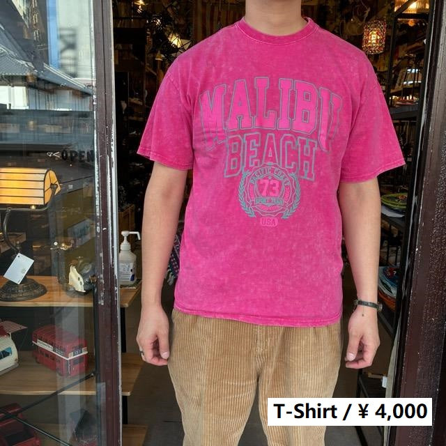 TOPANGA Lady's　ピグメントダイグラフィックTシャツ　MALIB BEACH　 ピンク　ロゴ　マリブビーチ　カットソー　M　L　XL　メンズ　レディース　ユニセックス