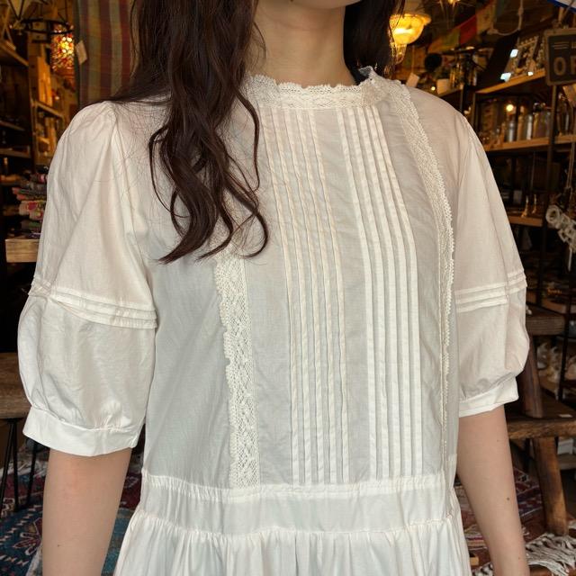 Topanga Lady's　デイリーコットンピンタックワンピース　ホワイト　ナチュラル　パススリーブ　レース　スカート　ひざ下　ロング　半袖　5分丈