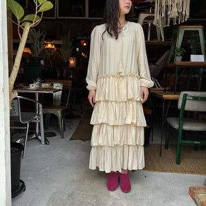 Topanga Lady's　ボーホーフリルワンピース　アイボリー　ナチュラル　レース　スカート　ロング　長袖　ボヘミアン　ルーズ　Vネック