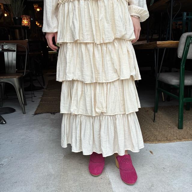 Topanga Lady's　ボーホーフリルワンピース　アイボリー　ナチュラル　レース　スカート　ロング　長袖　ボヘミアン　ルーズ　Vネック