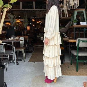 Topanga Lady's　ボーホーフリルワンピース　アイボリー　ナチュラル　レース　スカート　ロング　長袖　ボヘミアン　ルーズ　Vネック