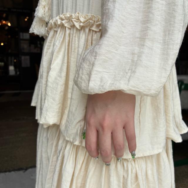 Topanga Lady's　ボーホーフリルワンピース　アイボリー　ナチュラル　レース　スカート　ロング　長袖　ボヘミアン　ルーズ　Vネック