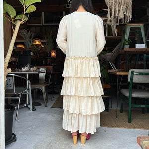 Topanga Lady's　ボーホーフリルワンピース　アイボリー　ナチュラル　レース　スカート　ロング　長袖　ボヘミアン　ルーズ　Vネック
