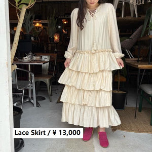 Topanga Lady's　ボーホーフリルワンピース　アイボリー　ナチュラル　レース　スカート　ロング　長袖　ボヘミアン　ルーズ　Vネック