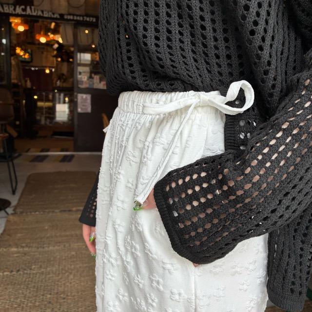 TOPANGA Lady's　リップルフラワーダブルリボンイージーパンツ　ホワイト　ファッション　レディース　スウェット　花柄　カジュアル　ストレートパンツ　ボトム