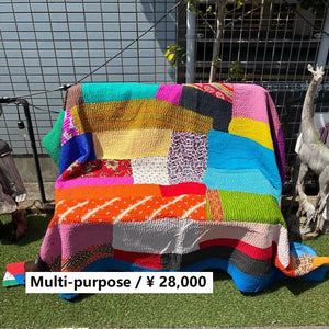 インド　ヴィンテージラリーキルト　28000-22　150×230cm　カンタ　ベッドカバー　ソファカバー　マルチカバー　ハンドメイド　１点もの　ブルー　グリーン