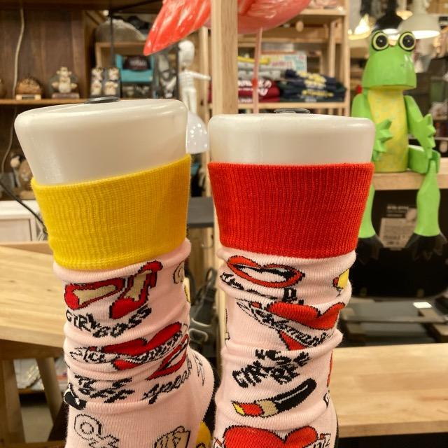 TOPANGA SOCKS Lady's　アシンメトリーソックス　GIRL　ピンク　イエロー　リップ　ガール　靴下　ユニーク　プチギフト　クルーソックス