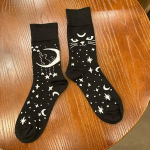 TOPANGA SOCKS Lady's　アシンメトリーソックス　MOON CAT　月　ムーン　キャット　黒猫　ブラック　ホワイト　靴下　ユニーク　プチギフト　クルーソックス