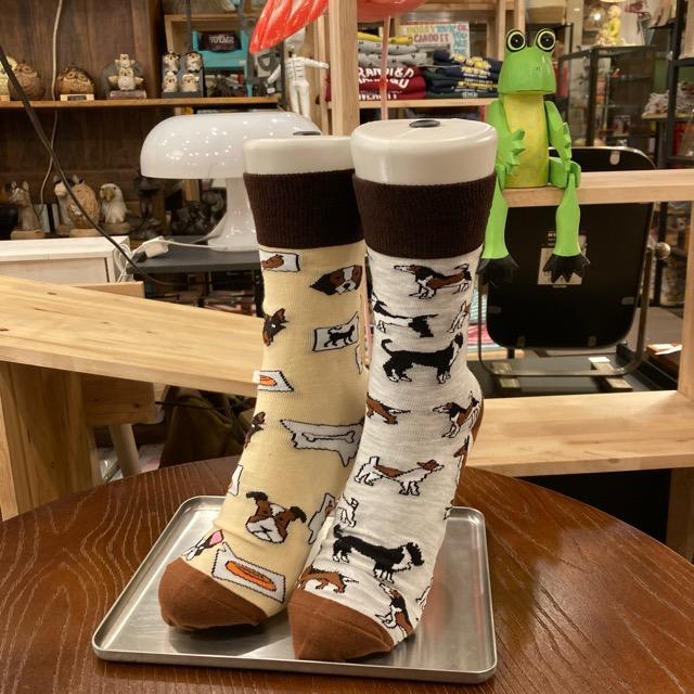 TOPANGA SOCKS Lady's　アシンメトリーソックス　DOG TALK　ベージュ　グレー　犬　ドッグ　靴下　ユニーク　プチギフト　クルーソックス