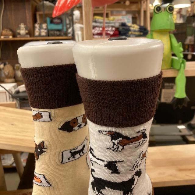 TOPANGA SOCKS Lady's　アシンメトリーソックス　DOG TALK　ベージュ　グレー　犬　ドッグ　靴下　ユニーク　プチギフト　クルーソックス