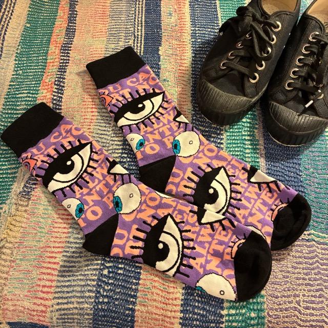 TOPANGA SOCKS Lady's　アイズソックス　パープル　靴下　足元ファッション　プチギフト　クルーソックス　スニーカー　ポップアート　サンダルソックス