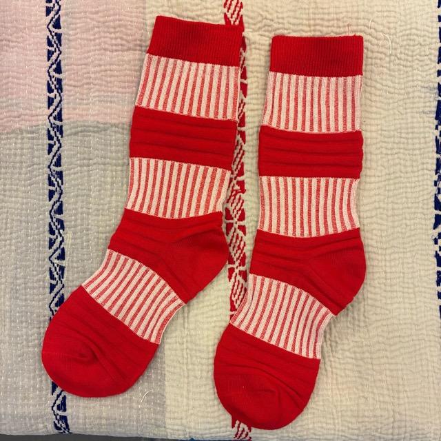 TOPANGA Socks　Lady's 　チューブソックス　レッド×ピンク　靴下　レディース　ボーダー　ストライプ　クルーソックス　ギフト　プレゼント　