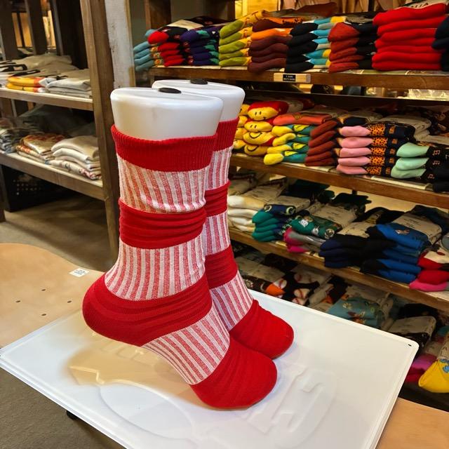 TOPANGA Socks　Lady's 　チューブソックス　レッド×ピンク　靴下　レディース　ボーダー　ストライプ　クルーソックス　ギフト　プレゼント　