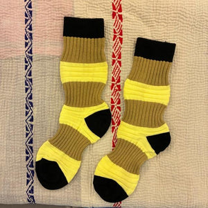 TOPANGA Socks　Lady's 　チューブソックス　イエロー×ベージュ　靴下　レディース　ボーダー　ストライプ　クルーソックス　ギフト　プレゼント　