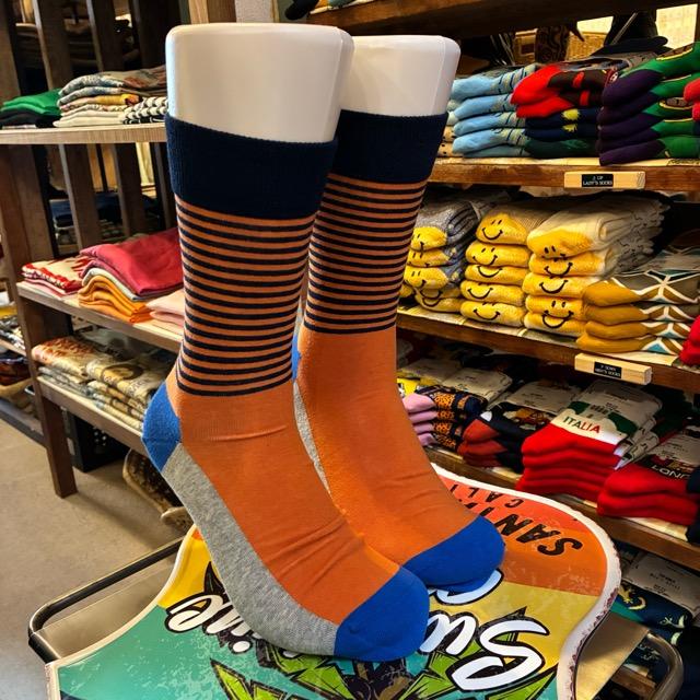TOPANGA SOCKS Men's　パターンボーダーソックス　オレンジ　靴下　メンズソックス　スニーカー　足元ファッション　プチギフト　クルーソックス