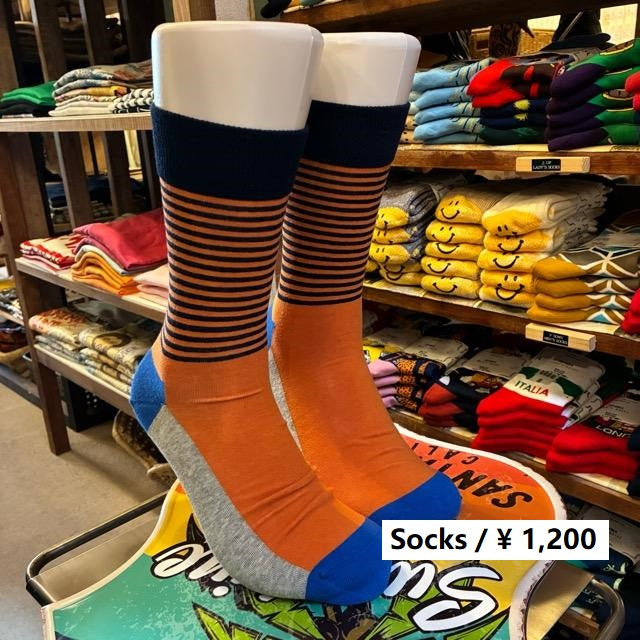 TOPANGA SOCKS Men's　パターンボーダーソックス　オレンジ　靴下　メンズソックス　スニーカー　足元ファッション　プチギフト　クルーソックス