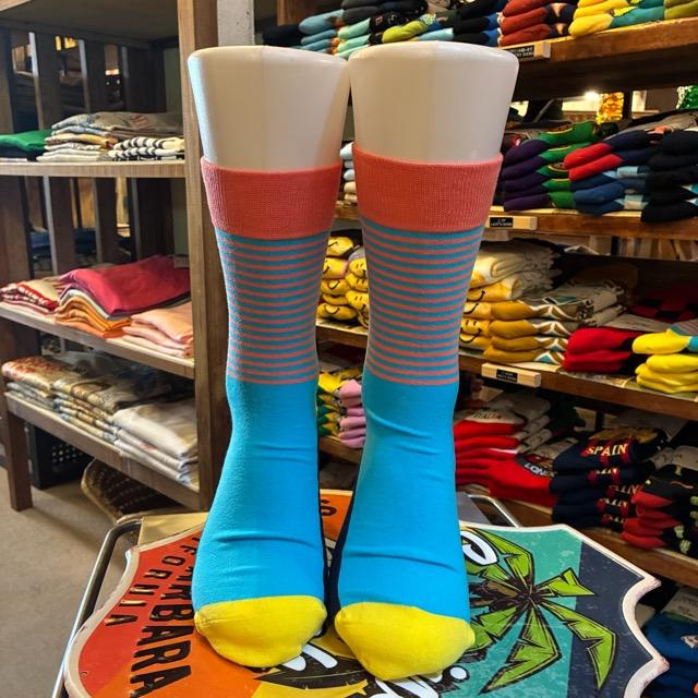 TOPANGA SOCKS Men's　パターンボーダーソックス　ブルー　靴下　メンズソックス　スニーカー　足元ファッション　プチギフト　クルーソックス